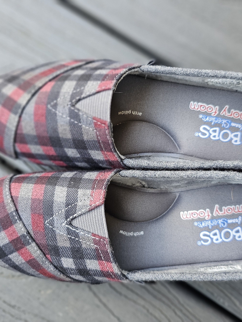 Women's Skechers Bob's Gray and Red Plaid Slip-On Loafers